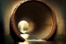 Discharge Of Sewage Into Reservoirs Through Huge Metal Pipes, Created With Generative Ai