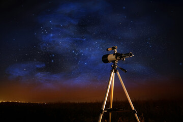 Wall Mural - New astronomy telescope outdoors, space for text. Picturesque view of shiny stars at night