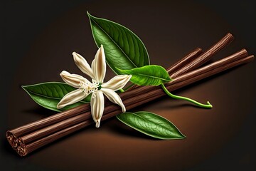 sticks of dry vanilla beans with white flower and two green leaves, created with generative ai