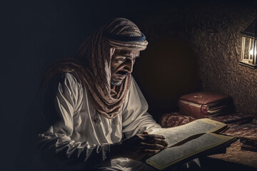 Muslim elder sitting in masjid reading quran before prayer time at subdued dark light AI generated