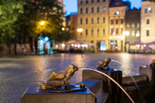 04-07-2022: Bronze Gilded Frog Sculpture Pouring Water, Detail Of A Fountain. Evening In Torun, Poland.