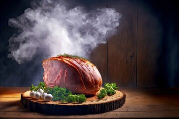 Wall Mural - steaming delicious easter ham on wooden board, created with generative ai