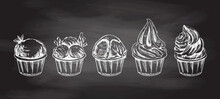 Hand-drawn Sketch Of Ice Cream Balls, Frozen Yoghurt Or Cupcakes In Cups Isolated On Chalkboard Background, White Drawing. Set. Vector Vintage Engraved Illustration..