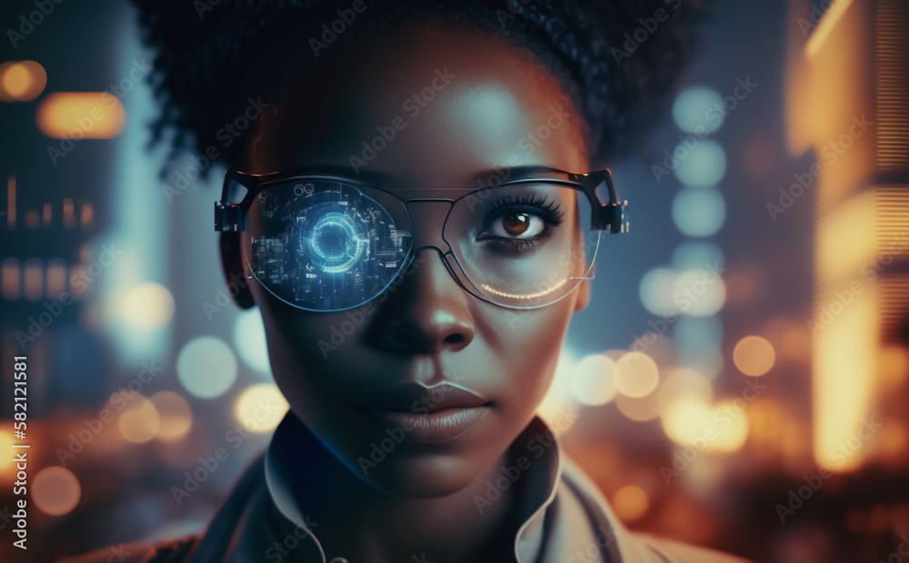 Woman wearing Augmented Reality glasses in a futuristic digital ...