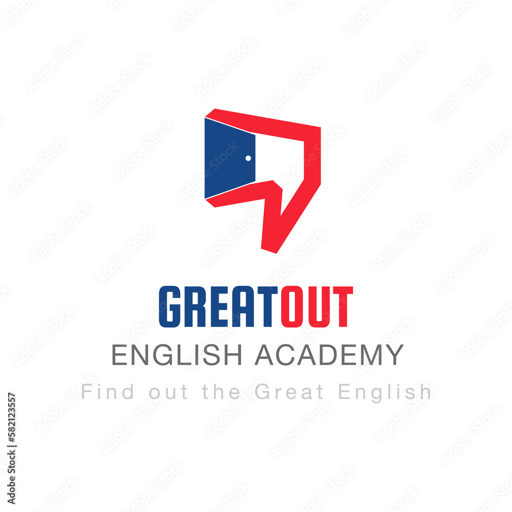 English language school logo design. Concept of learning English outside the box. Vector illustration of English language school, lesson, course logo