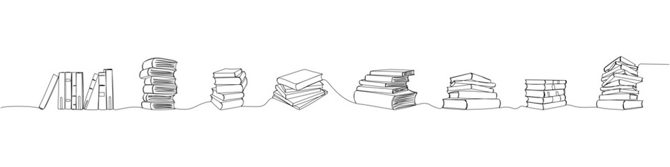 Set of several stacks of books one line art. Continuous line drawing of book, library, education, school, study, literature, paper, textbook, knowledge, read, learn, page reading