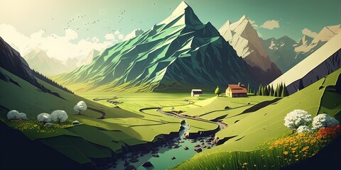 Wall Mural - An illustration of a magical landscape with green fields and mountains, Generative AI