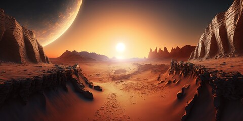 Wall Mural - at sunset, martian landscape and alien surroundings are visible in the mars panorama, generative ai