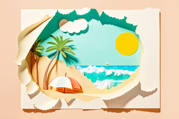 Summer vacation card. Traveling, sea holiday and resort concept. Decorative palm tree on sand beach with umbrella on sea background with cloud and sun. Application, paper cutting design. Generative ai