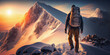 © Tatiana - A man climber, with a backpack on his shoulders, stands with his back on top of a snowy mountain in the rays of the rising sun and looks into the distance. Generative AI