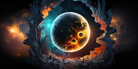 Wall Mural - a dark and colorful universe with digital artwork depicting space, planets, sci-fi elements, and a c