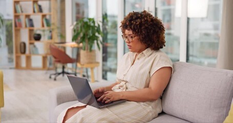 Wall Mural - Angry, frustrated and woman with laptop on sofa with glitch, technical error and 404 mistake online. Problem, remote work and female worker upset, confused and stressed working on computer at home