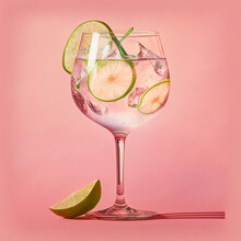 Gin And Tonic On A Pink Background. Generative AI.