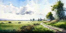 A Charming Rural Landscape With Green Slopes, Pastures, Meadows, And A Beautiful Sky In Watercolor, Generative AI