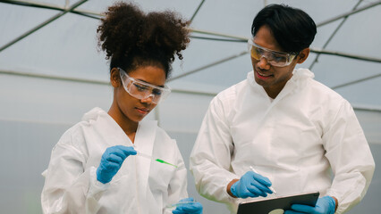 African American Plant Genetic Expert researcher and friends testing quality and bacteria contained in the mixture of water in a closed greenhouse hydroponic vegetable garden