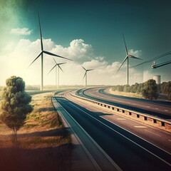 Wall Mural - Windmills next to the highway. Generative AI.