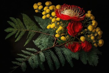 Sticker - a bouquet of fresh mimosa blooms, with a single red rose in the center for contrast, created with generative ai