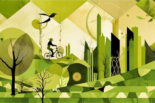 bike rider ina dreamlike retro vintage landscape, travel sustainable theme, generative ai illustrati