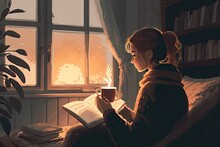An Illustration Of A Cozy Evening With A Young Woman Enjoying A Cup Of Tea And Reading A Book. Generated By AI.