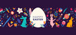 Easter bunnies, egg and flower decorations. Happy Easter banner. Minimalist style design with hand drawn elements