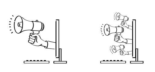 Sticker - Cartoon megaphone, microphone to speak message, from the TV, computer monitor or laptop. loudspeaker, microfoon icon. Horn, announcing for atention talk. Megaphone amplifier. 