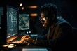 Cybersecurity specialist using computer, preventing hacker attack, online protection, digital security expert, generative ai
