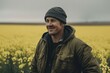 Candid photo of proud canola farmer standing in a field of vibrant yellow canola flowers, agriculture and sustainable farming, generative ai