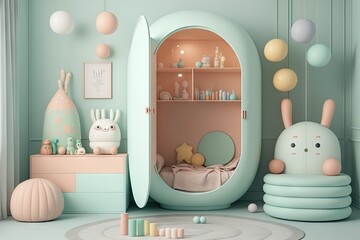 baby modern children's room in pastel tones with toys, created with generative ai