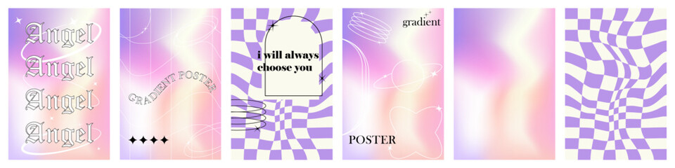 Poster - Trendy blurred holographic style A4 posters set with linear geometric shapes cover for stories or post in social media. Modern minimalist print with simple figures and graphic elements. Vector EPS 10