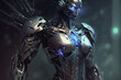 An image of a robot or cyborg, with advanced artificial intelligence, cybernetic enhancements, and futuristic armor