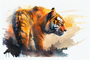 Wall Mural - Watercolor Illustration of a A Tiger From A Fantasy World With Glowing Orange Eyes Illustration. Generative AI