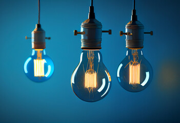 Wall Mural - Hanging light bulbs glowing on empty blue wall background for wallpaper, graphic resource or header.