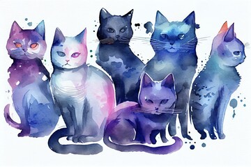 Wall Mural - Watercolor Illustration of a Cats In Blue Purple Colors, In Flat Cartoon Style. Generative AI