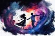Watercolor Illustration of a Dancing Lovers In Magic Space Background. Generative AI
