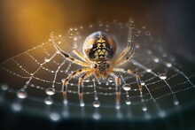 Macro Shot Of A Spider On Its Web With Water Droplets. Generated By AI.