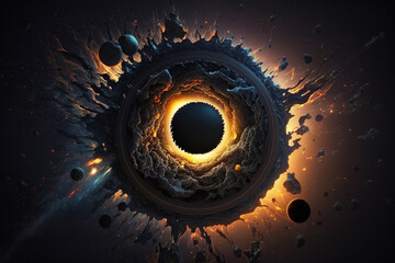 Black hole in a galaxy with planets with nebula over colorful stars and cloud fields in outer space AI Generative