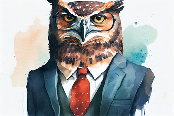 Watercolor Illustration of a Portrait Of Owl In A Business Suit. Generative AI