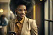 © Oier - Portrait of black confident african american afro haired business woman smiling, holding an smart phone and looking left. Empowered concept. Generative AI.