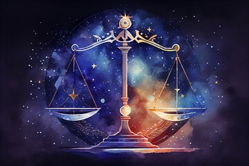 Wall Mural - Watercolor Illustration of a Zodiac Sign Of Libra, Scales With Magic Light And Stars In Space. Generative AI