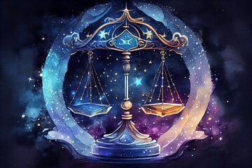 Wall Mural - Watercolor Illustration of a Zodiac Sign Of Libra, Scales With Magic Light And Stars In Space. Generative AI