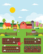 Organic agriculture. Flat design vector illustration of vegetable garden beds, farm and farmhouses.