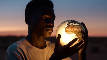 young african person holding an illuminated earth globe in front of their face. with a renewed sense