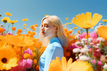 Beautiful Blonde Girl In Profile Surrounded By Large Daisy Flowers In A Flower Field Outdoors. Spring. Illustration, Generative AI