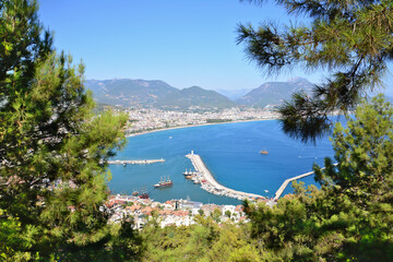 Wall Mural - A view to the sea with lighthouse and Alanya town from the hill with pine trees