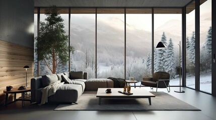 A modern luxury living room space, large windows with wintry alpine views, a comfortable sofa, modern decor and indoor plants(Generative AI)