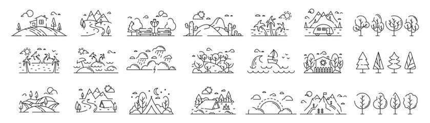 Line sketch nature. Hiking or sailing travel icons. Forest and aircraft in sky. Camping on field. Outline trees. Camp tent. Mountain and beach landscape. Vector garish illustration set