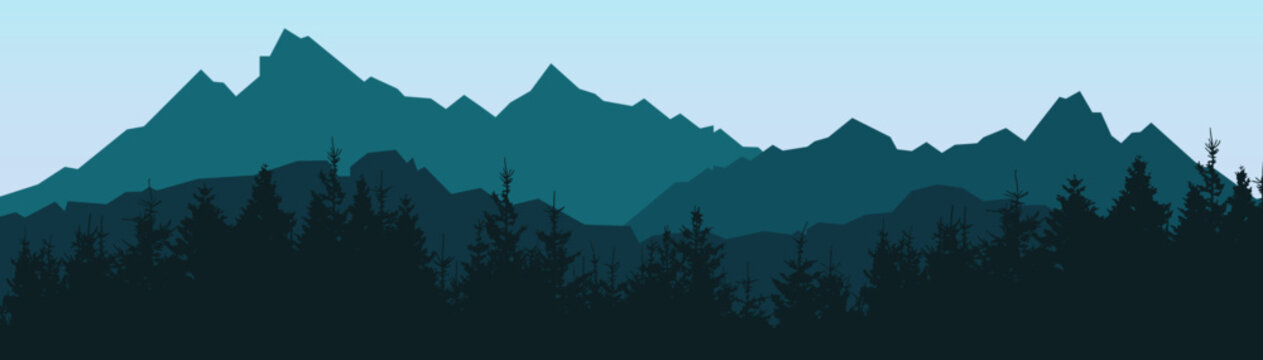 Fototapete - Adventure outdoor camping hiking climbing wildlife background - Green silhouette of mountains peak rock and forest woods fir spruce trees, realistic landscape panorama illustration icon vector..