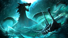 A Huge Scandinavian Mythical Dragon In The Blue Night Sea In A Storm Attacks Viking Ships Raising Giant Waves, It Has Spikes, Long Tails And Glowing Eyes, It Opens Its Glowing Mouth And Screams 2d Art