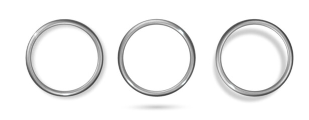 Silver metal ring isolated. Metal circle empty frame realistic. 3d border with glow shine and light effect