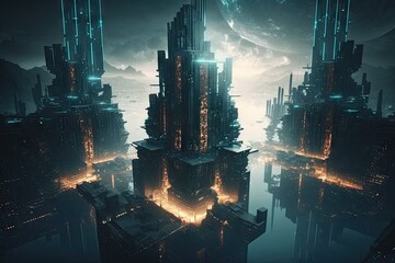 Poster - image of abstract futuristic spatial city with nanotechnologies and digital control, created with generative ai